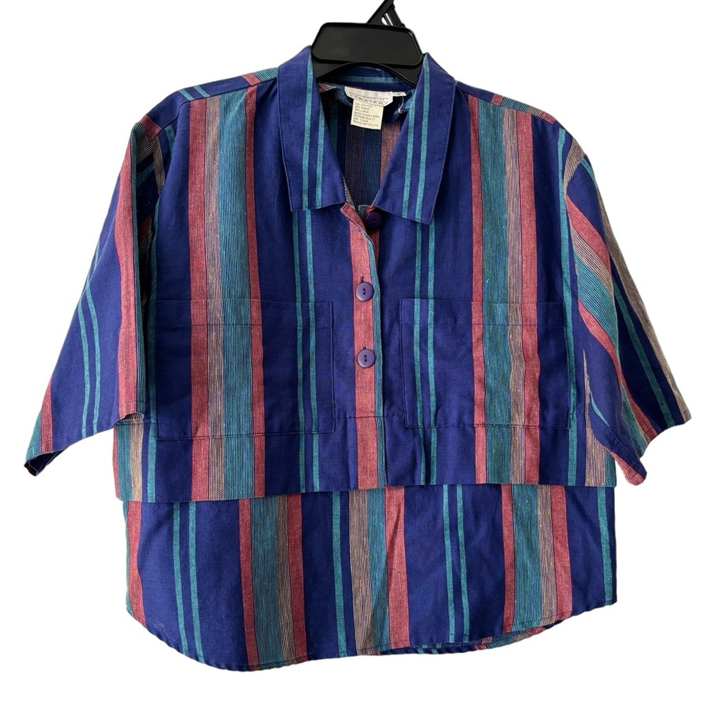 Vintage Abby Rose for Strategy Linen Striped Cropped Boxy Tiered Blouse Shirt